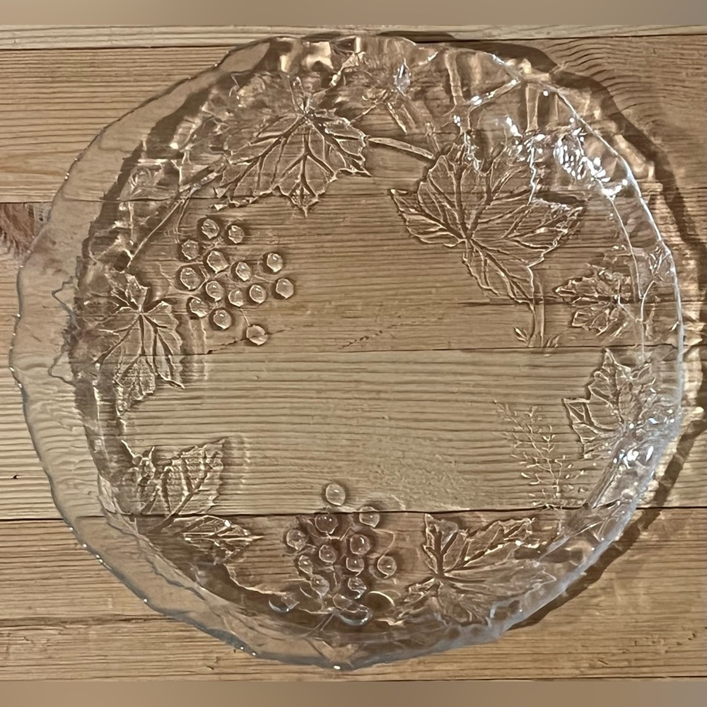 8” Vintage Glass Plate with Leaf and Grape Design